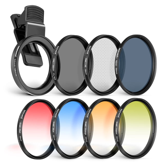 Kit de filtros de lentes Neewer de 58 mm con clip para teléfono móvil para iPhone