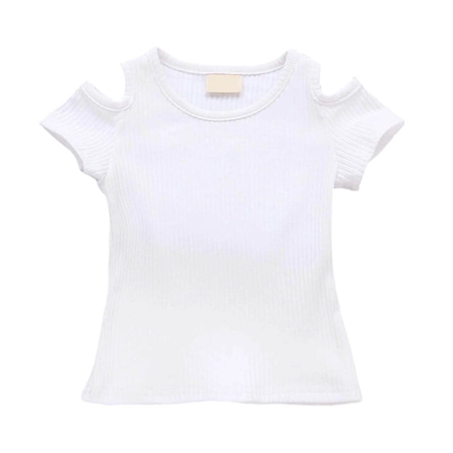 Toddler Girls Cold Shoulder Ribbed Tees 1-5 Years Old Cotton Short Sleeve Basic Layering Tops Summer Casual Playwear