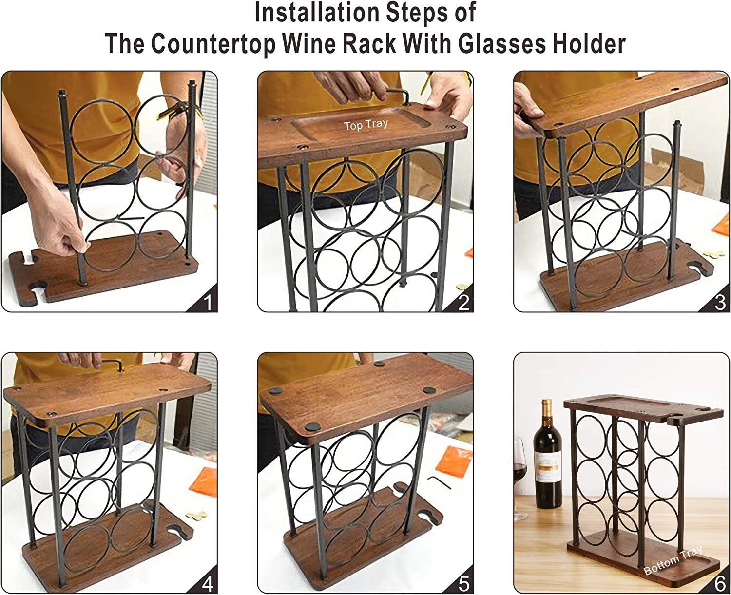 ALLCENER Wine Rack with Glass Holder, Countertop Wine Rack, Wooden Wine Holder with Tray, Perfect for Home Decor & Kitchen Storage Rack Etc (Hold 6