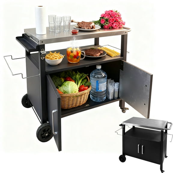 Jacgood 44 Inch Heavy Duty Grill Cart with 3-Tier Storage | Locking Wheels, Stainless Steel Top & Enclosed Cabinet | Portable Outdoor BBQ Prep Table for Camping, Tailgating, Backyard