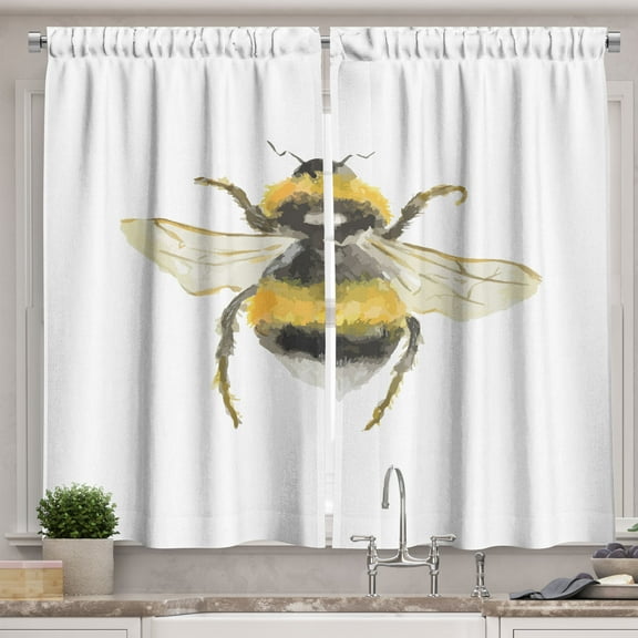 Ambesonne Bee Kitchen Curtains, Watercolor Bumblebee Drawing, 55"x39", Pale Orange and Dark Grey