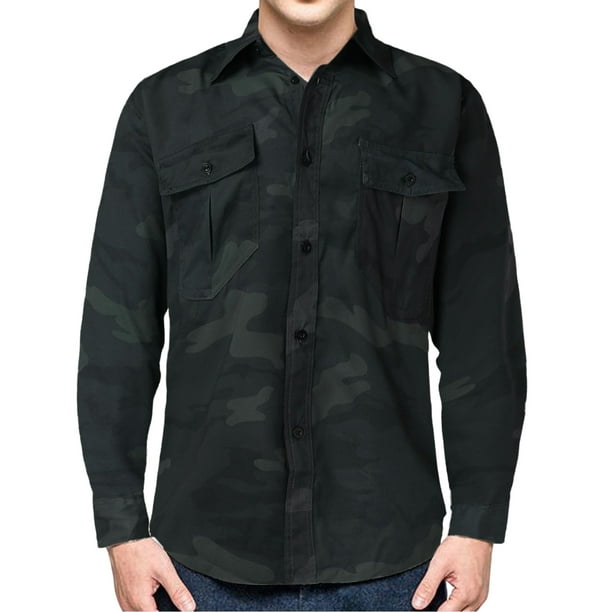 PMUYBHF Male Flannel Shirt for Men Big and Tall Mens Casual Loose Trend  Double Pocket Washed Camouflage Cargo Long Sleeve Shirt