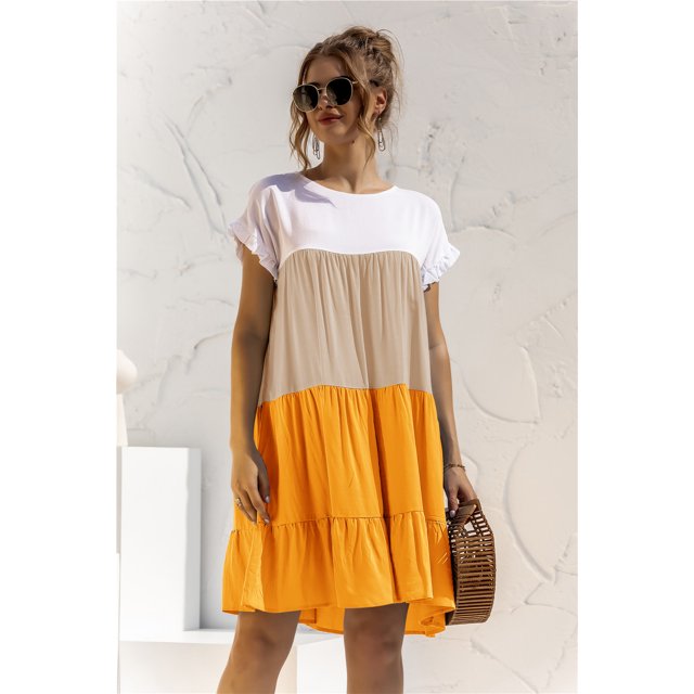 Nouveau Femmes Décontracté en Vrac Surdimensionné Robe Patchwork Manches Courtes Grands Volants Robe Robe de Plage