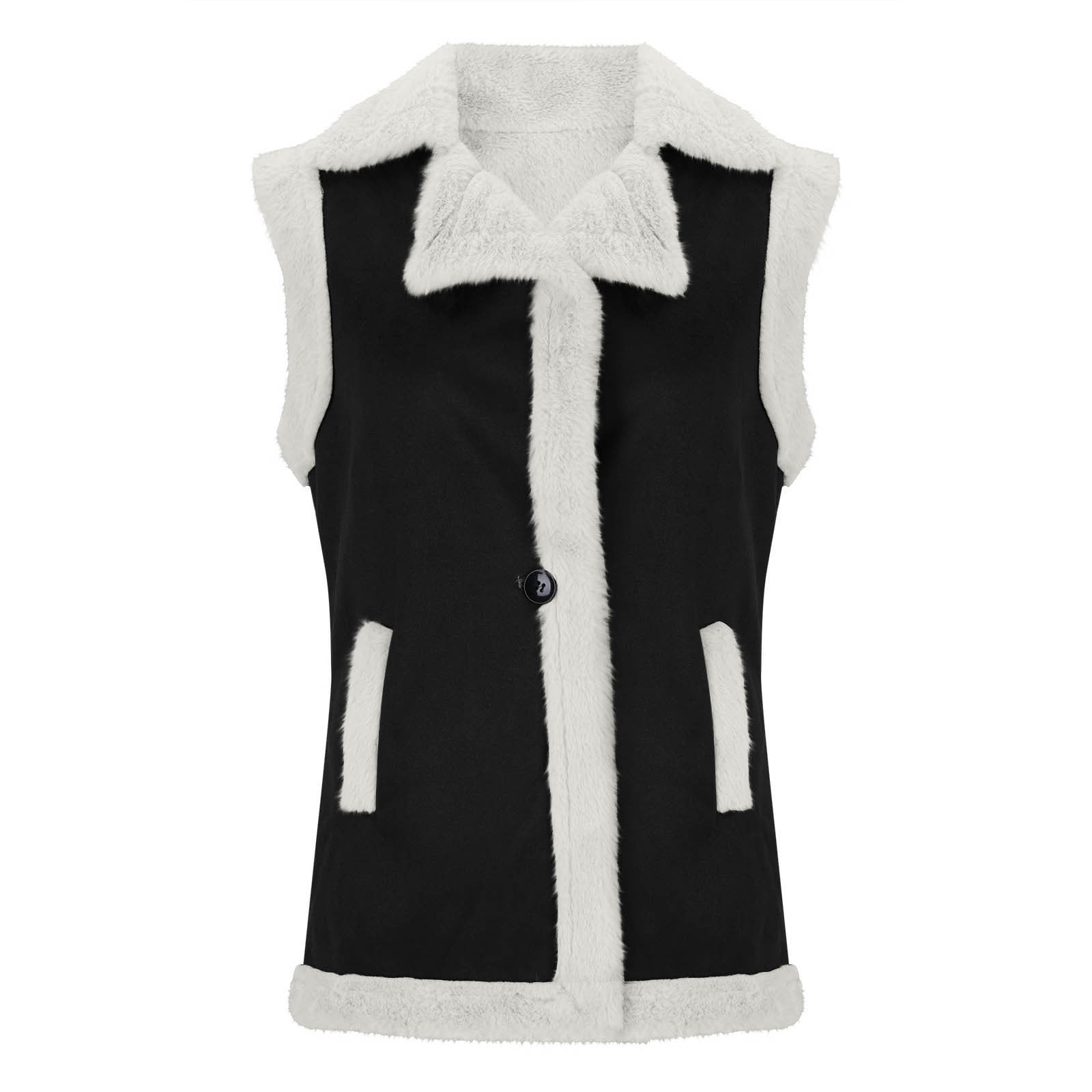 Sokhug Women's Sherpa Faux Leather Vest Jacket Winter Warm Sleeveless Coat with Pockets, Black