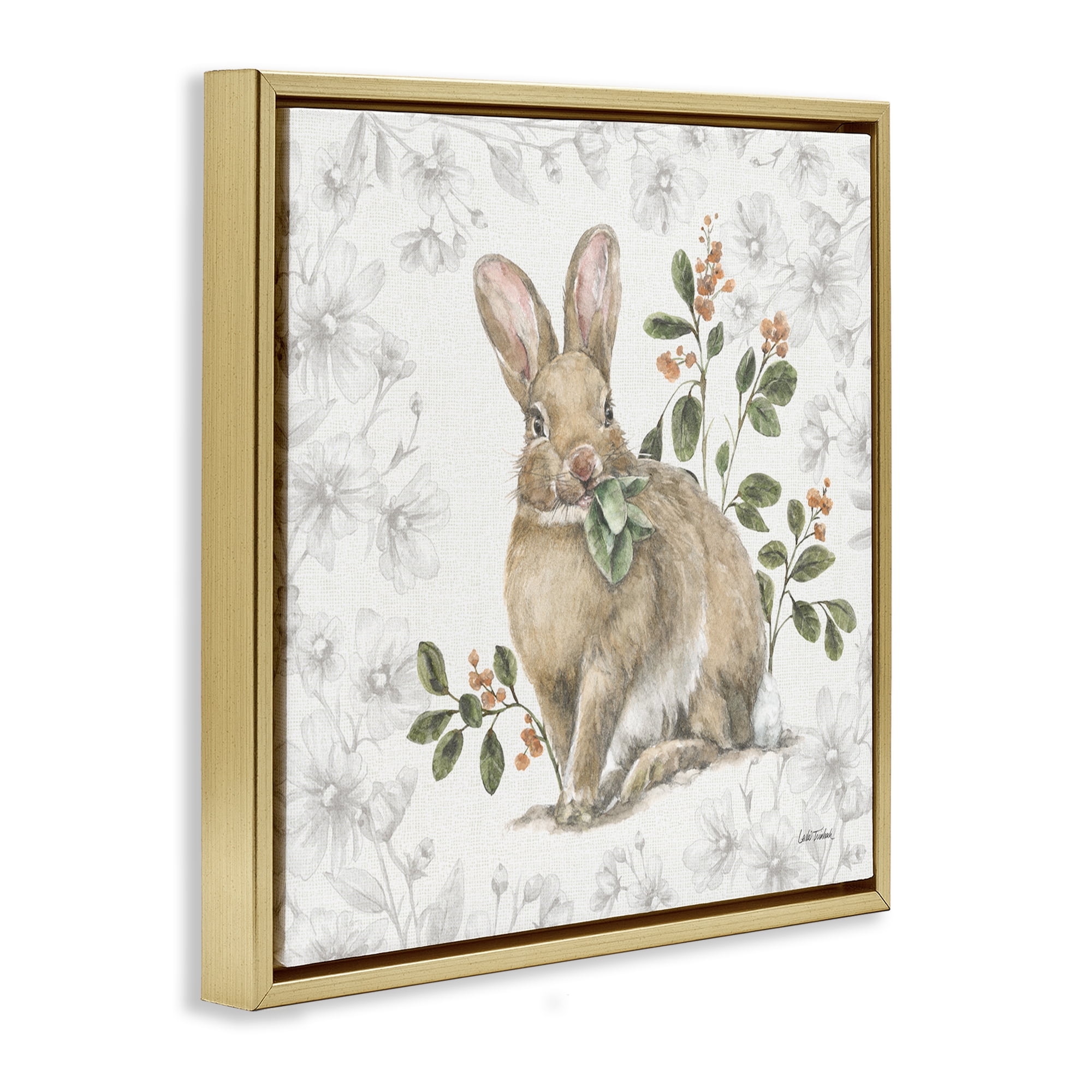 Stupell Industries Floral Garden Bunny Animals & Insects Painting Gold Floater Framed Canvas Art Print Wall Art, 18 x 18
