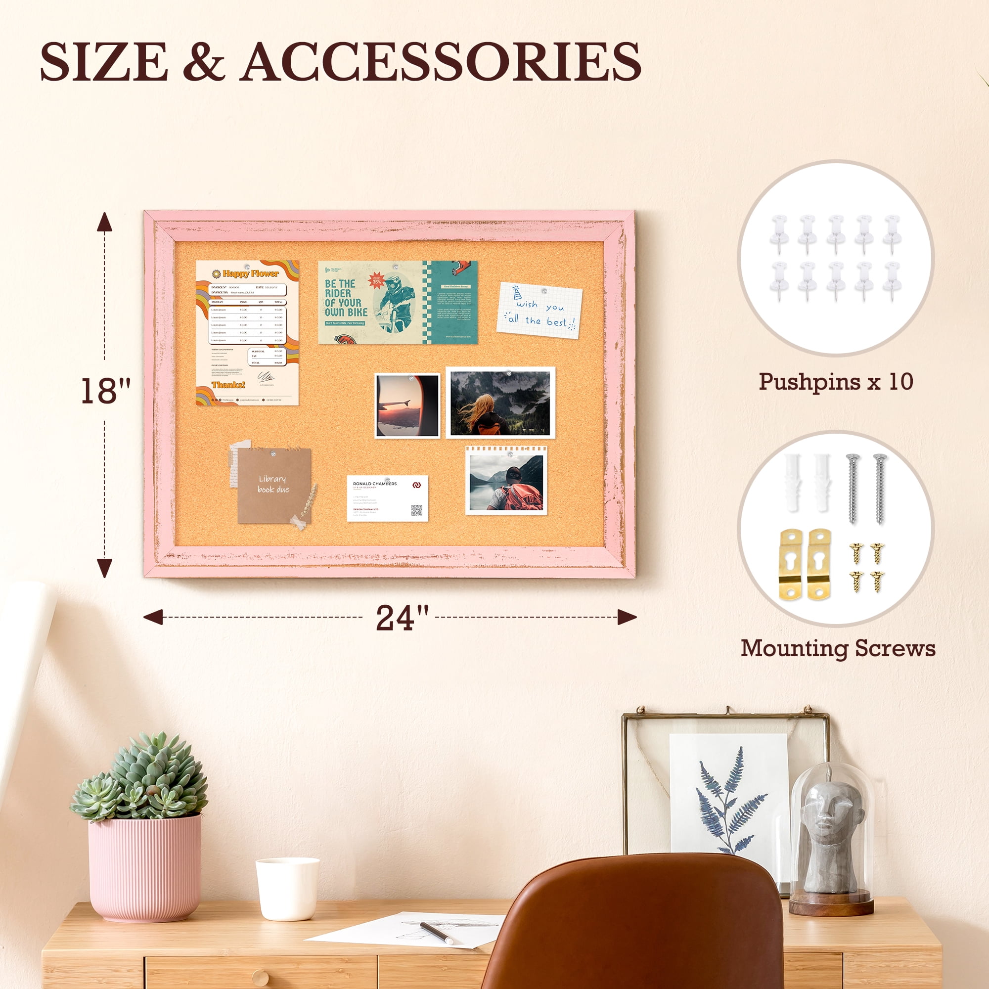 DOLLAR BOSS Poster Board Bulletin Board Pink Cork Board for Wall 24 X 18 Inches Message Project Board Decorative Hanging Pin Board for Office & Home Decor with 10 Pushpins