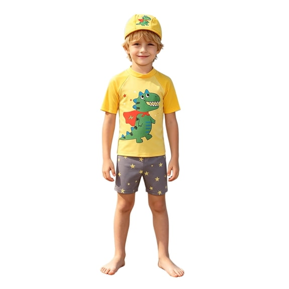 Rggeeun Child Boys Swimsuit Set 3Pc Cartoon Dinosaur Pattern Short Sleeve Crew Neck Top & Elastic Waist Above Knee Trunks with Hat for Summer Beach Wear Classic Swim Wear,Multicolor,7-8 Years