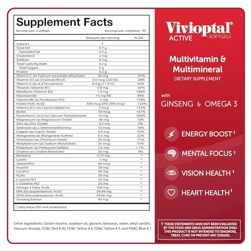 Vivioptal Active, 90 Softgels, Ginseng & Omega 3, Multivitamin & Multimineral, Gluten Free, German Formula