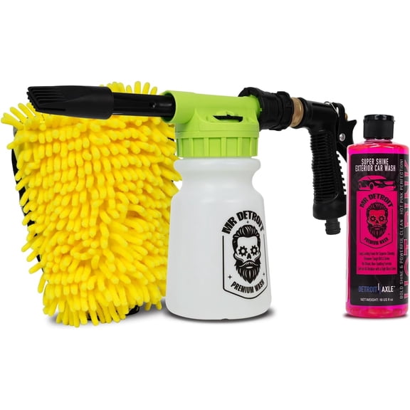 Mr. Detroit - 3pc Car Wash Kit with Foam Blaster, 16oz Car Soap, Chenille Wash Glove, Scratch-Free Cleaning Foam Gun Streak-Free Exterior Cleaner for Auto Cleaning & Home Use