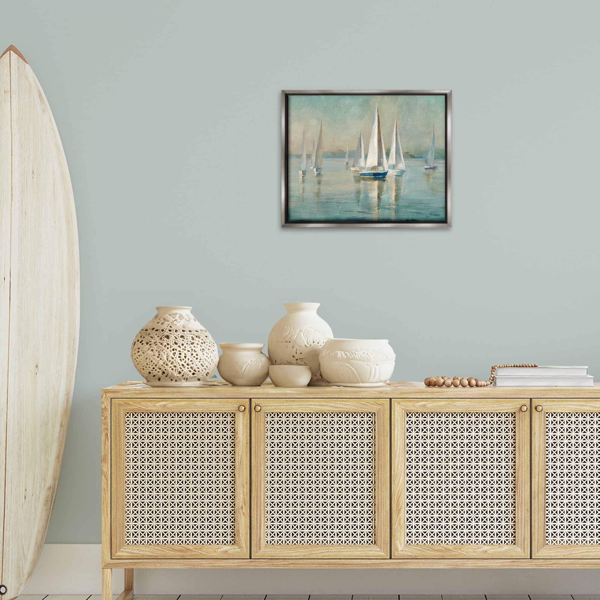 Stupell Industries Sailboats at Sunrise Nautical & Beach Painting Gray Floater Framed Canvas Art Print Wall Art, 21 x 17