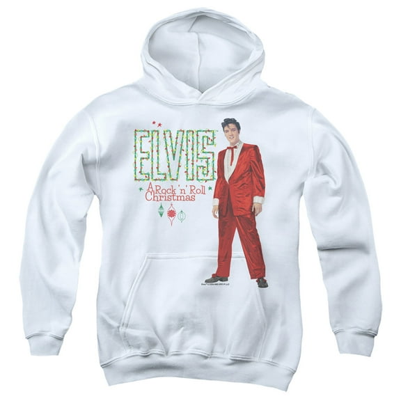 Elvis Holiday Lights Youth Kids Boy/Girls Pull-Over Hoodie, White, Small