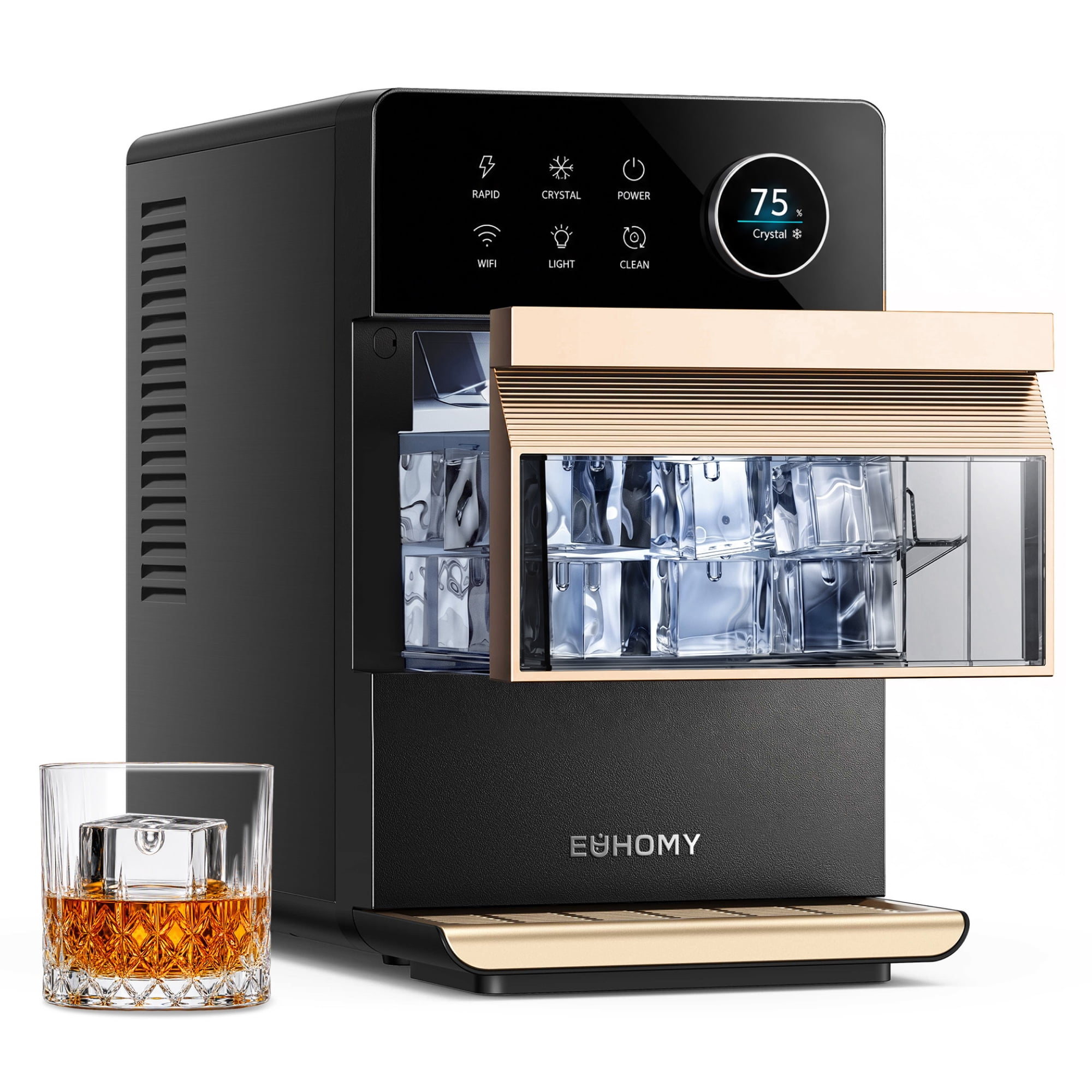 EUHOMY Crystal Clear Ice Maker, 2-Inch Square Ice Cubes, Smart App Control, Self-Cleaning