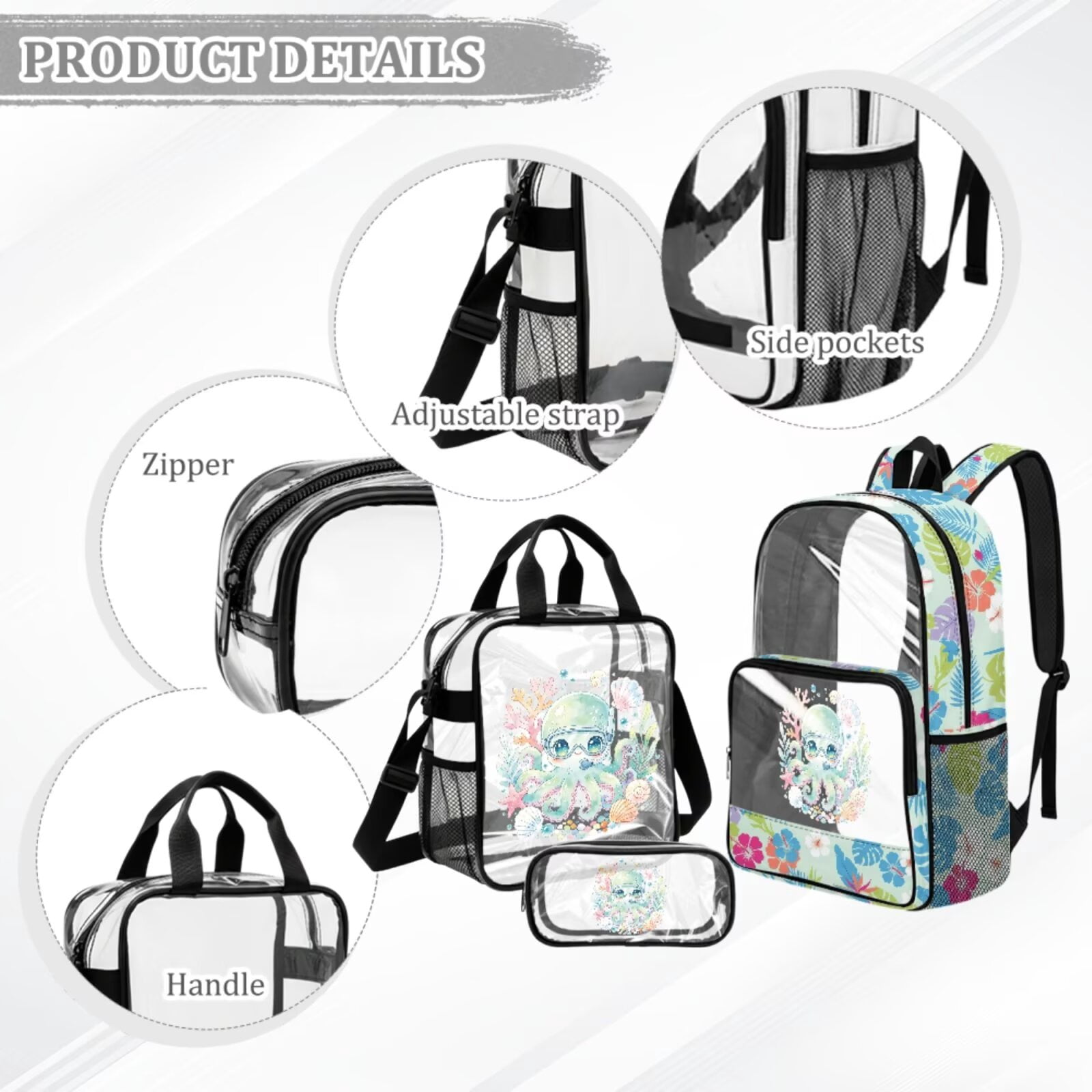 Xixirimido Cartoon Octopus Tropical Floral Print Clear Backpack for Boys Girls, Kids Backpack Set with Lunch Box Pencil Bag PVC See Through Transparent Bookbag for School Stadium