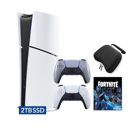 PlayStation 5 Slim Digital 2TB SSD Fortnite Cobalt Star Console with Two Controllers, White and Sterling Silver DualSense and Hard Shell Protective Controller Case - PS5 Slim Digital Console
