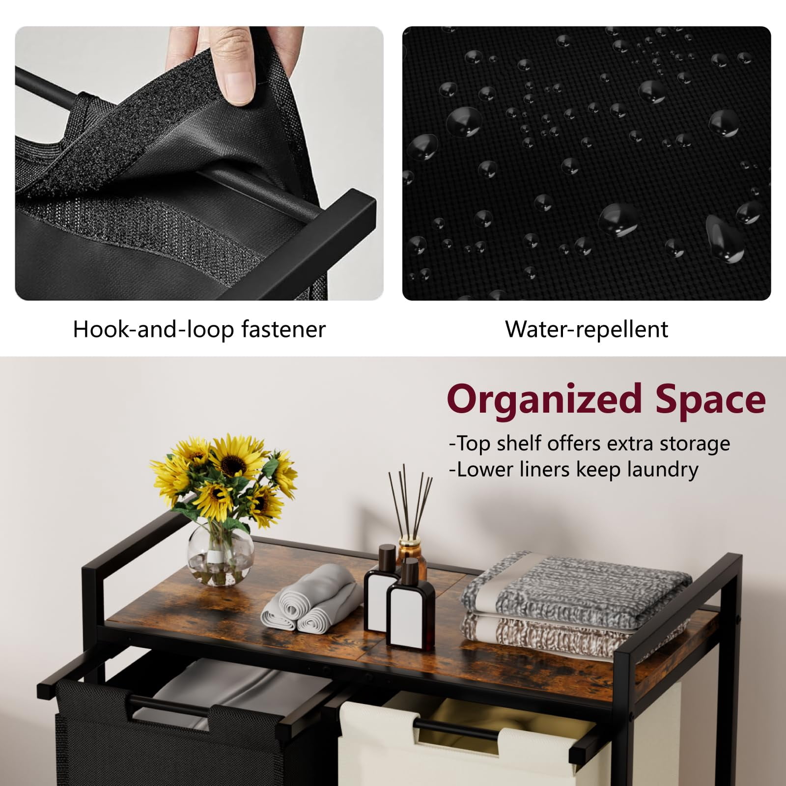 Double Compartment Laundry Basket, Laundry Sorter with Top Shelf, 2 Removable Washable Bags, Side Pockets, Black & White