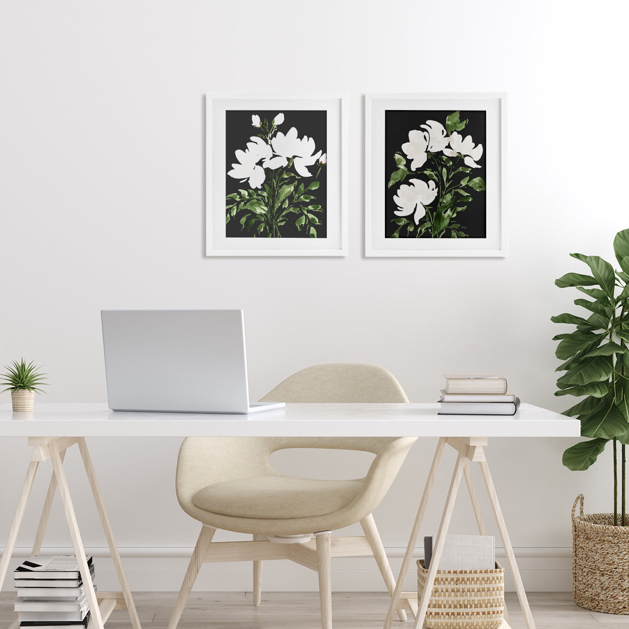 Stupell Industries White On Black Blooms 2 Piece White Framed Print Under Glass Set, design by Lucille Price