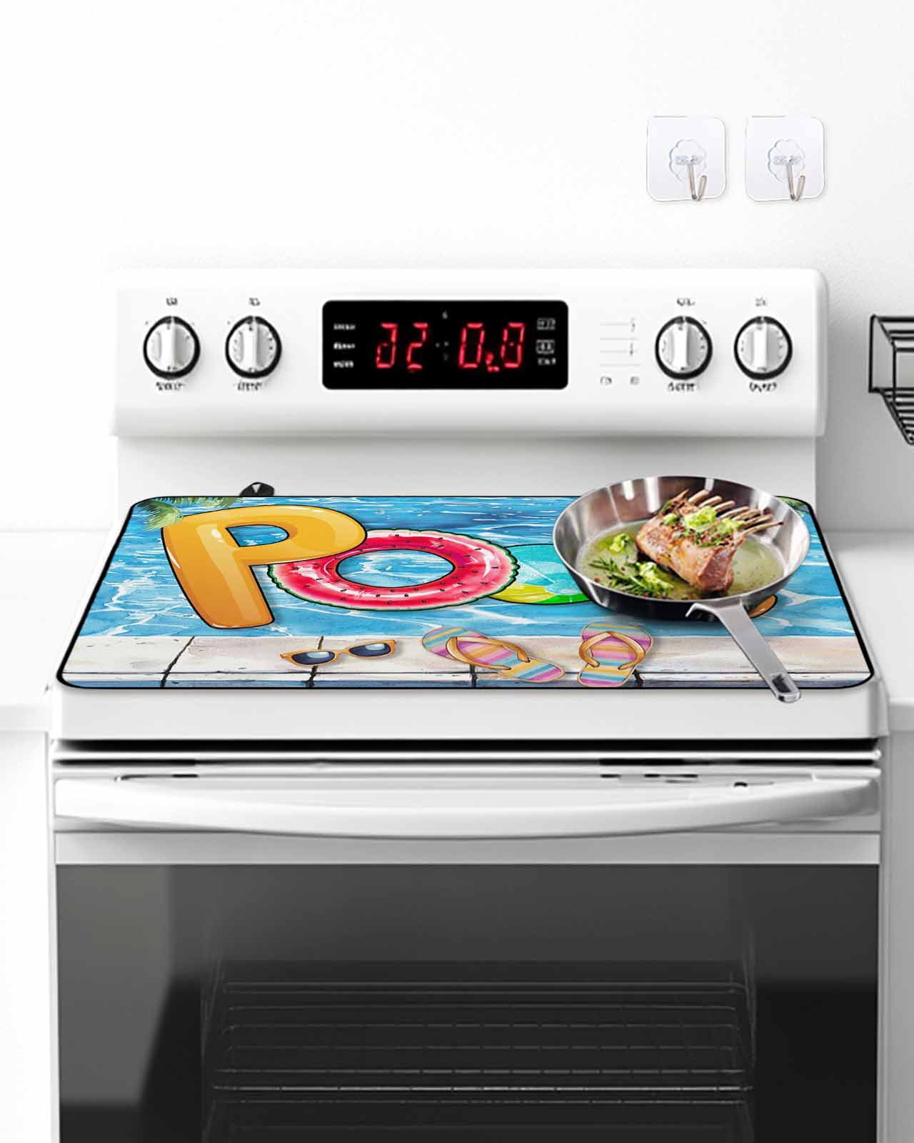 Stove Top Covers for Electric Stove, Blue Summer Pool Kitchen Glass Ceramic Electric Cooktop Covers 28.5"x20.5", Watermelon Swimming Ring Slippers HeatResistant Oven/Countertop/Dishwasher Protector
