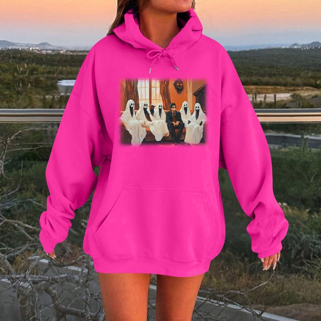 Chandail à Capuche Imprimé Squelette Réaliste Joyeux Halloween, Chandail Graphique à Manches Longues avec Poche, Mode Urbaine Décontracté Surdimensionné pour l'Automne, Haut Confortable Grande Taille à Porter Rose Vif m