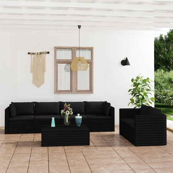 vidaXL 7 Piece Patio Lounge Set with Cushions Poly Rattan Black, 3059501