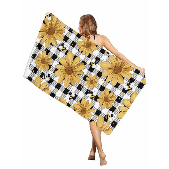 Beach Towel-Summer Yellow Flower Bee Polka Dot Microfiber Absorbent Quick Dry Oversized Travel Towels,Country Plant Buffalo Plaid Sand Free Lightweight Large Towel for Pool Camping Swim,35x71in