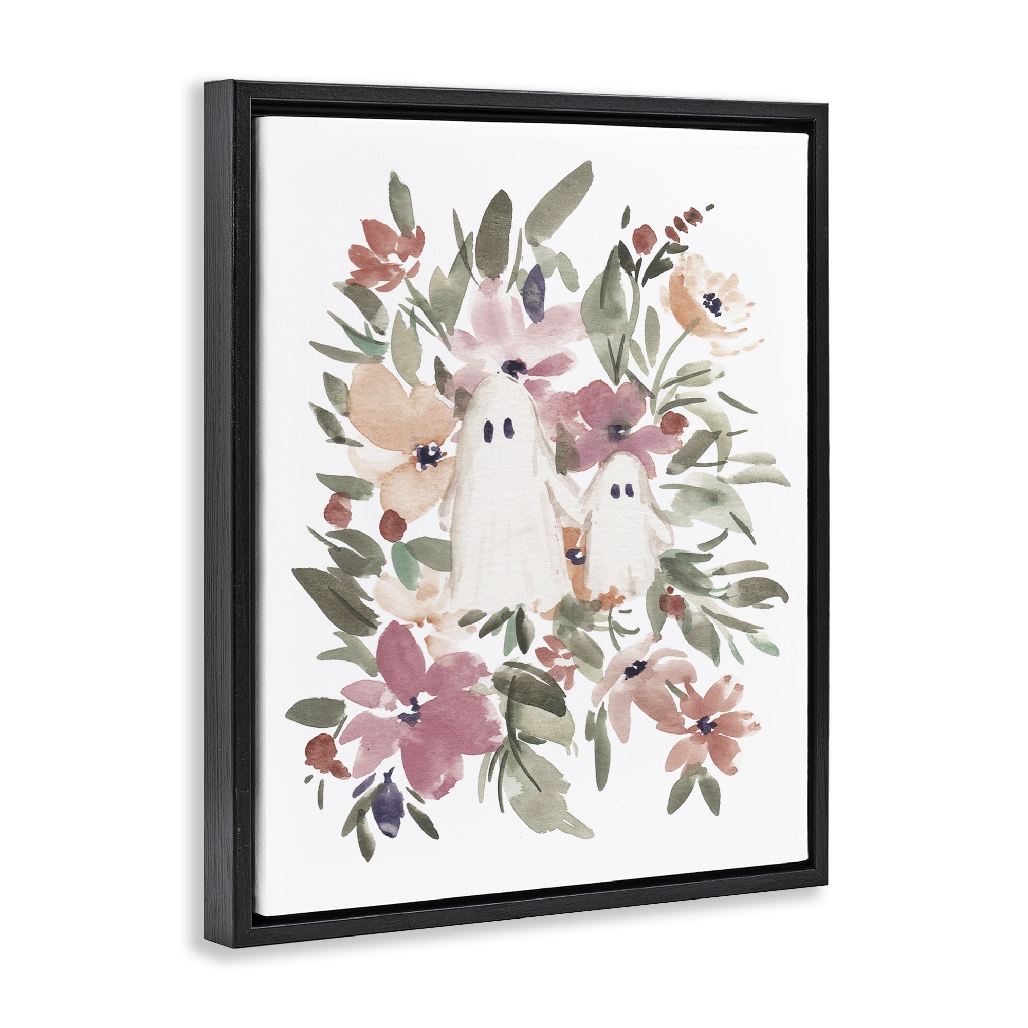 Stupell Industries Little Floral Ghosts Holiday Painting Black Floater Framed Canvas Art Print Wall Art, 25 x 31