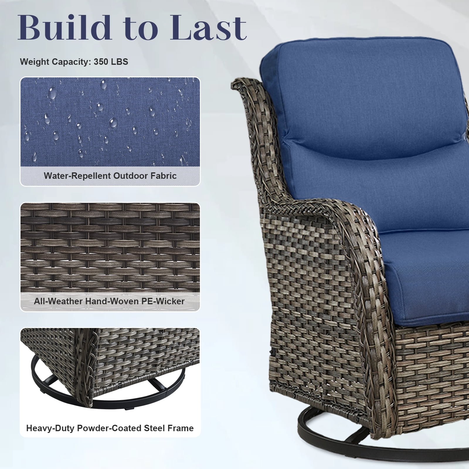POCASSY 4 Pieces Patio Furniture Set with Swivel Chairs and Ottomans, High Back Deep Seat Cushioned Wicker Outdoor Swivel Chairs Set of 2 with Ottoman for Porch & Balcony, Gray/Blue