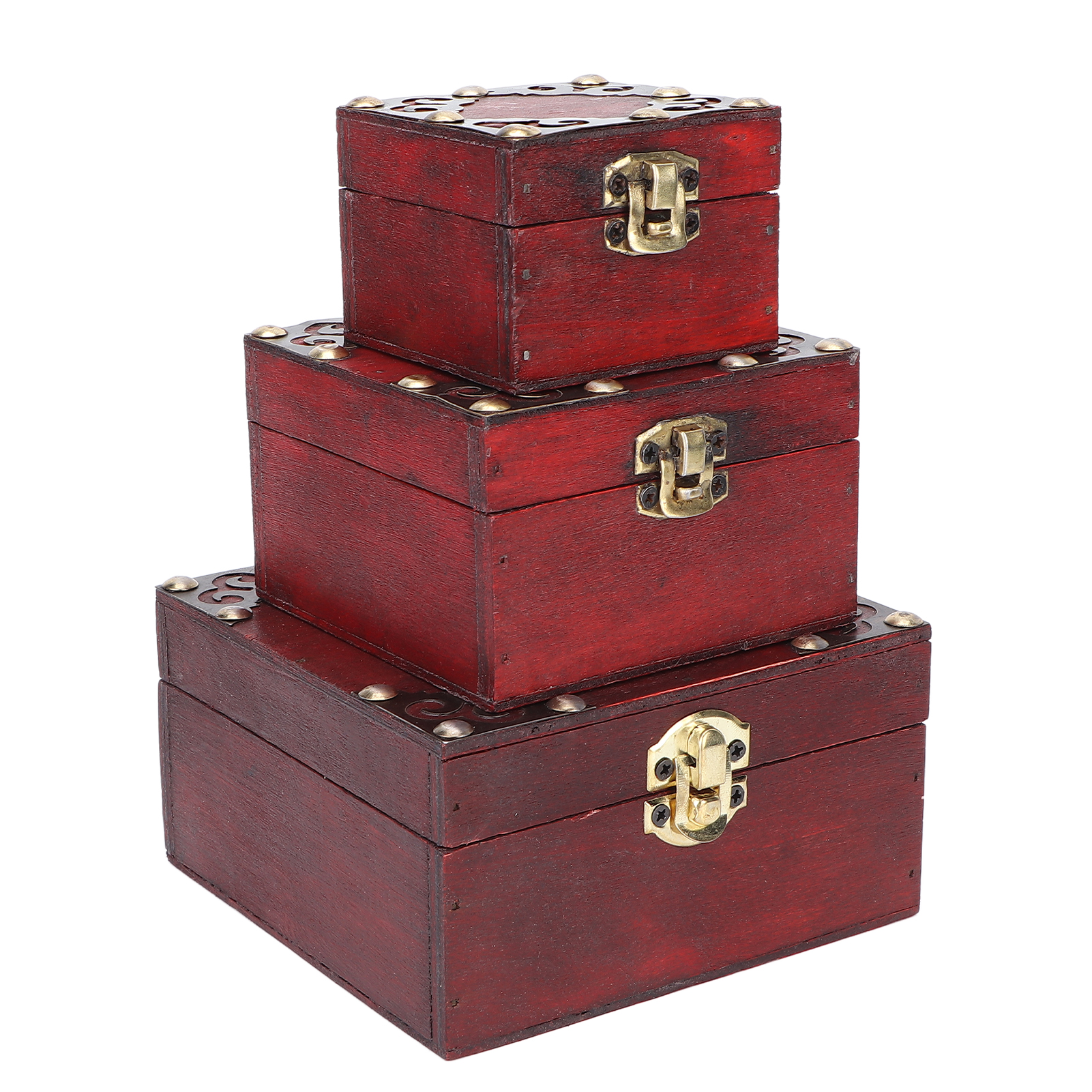 Set of 3 Small Wooden Treasure Chest Boxes, Decorative Vintage Style