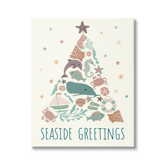 Seaside Greetings Aquatic Animals Botanicals Christmas Tree Coastal Graphic Art Gallery-Wrapped Canvas Print Wall Art