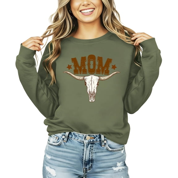 Mom Bull Skull Sweatshirt for Women Trendy Western Country Style Crewneck Army Green Sweatshirt Adult Medium