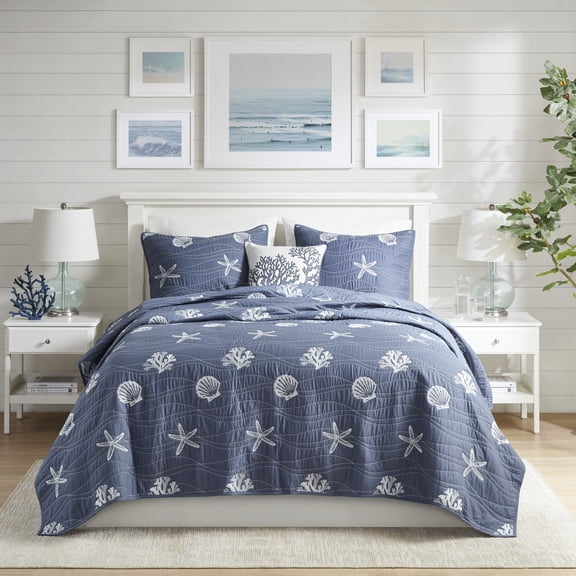 Noaman Cotton Reversible Embroidered Full/Queen Quilt Set, Navy, 4 Piece