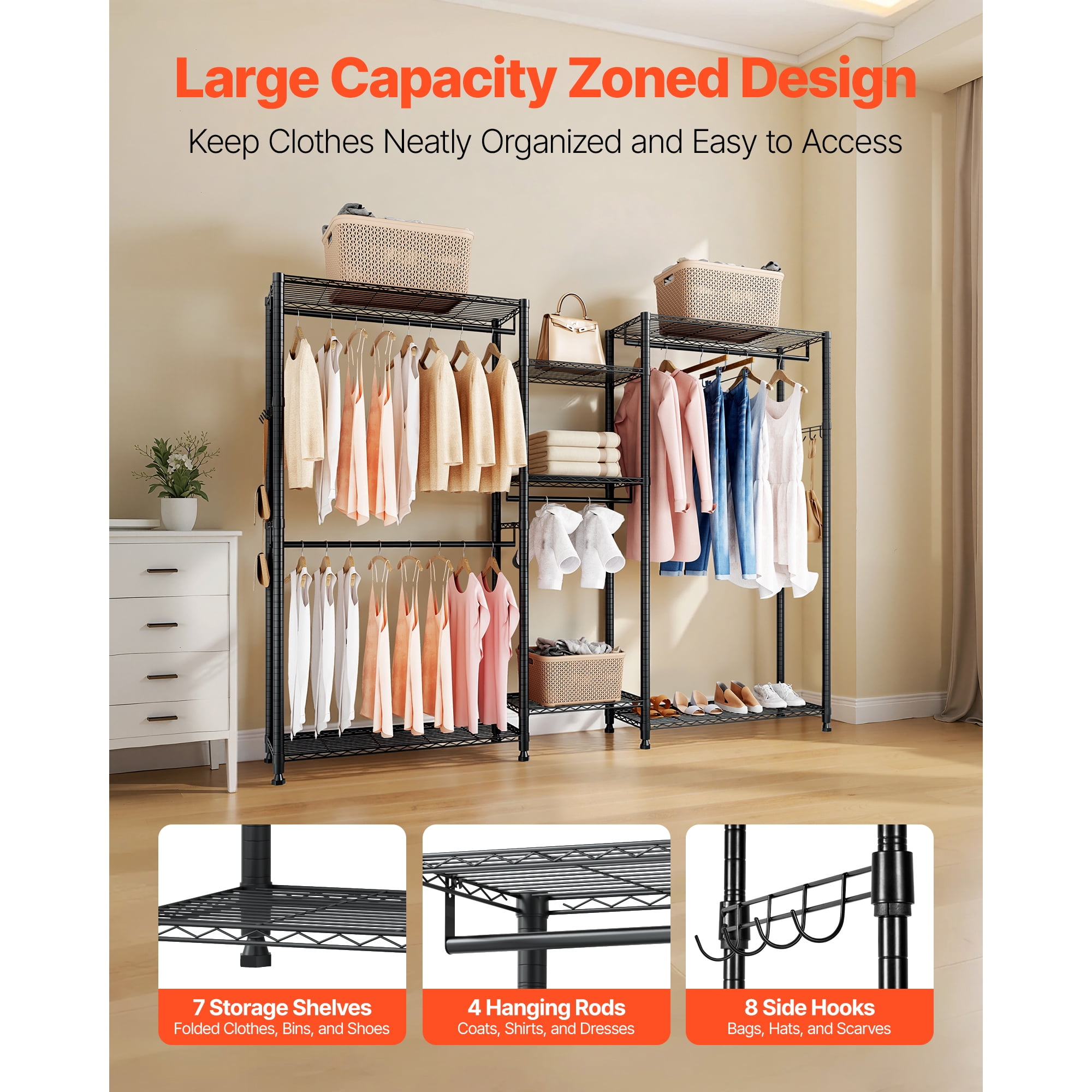 KFFKFF Heavy-Duty Garment Rack with Adjustable Tiers, Steel Frame Closet Organizer, 850 lbs Capacity, Includes 4 Hanging Rods for Bedroom, Hallway, or Clothing Store