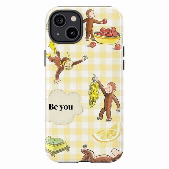 Yellow Gingham Curious Monkey Collage Phone Case, Cute Cartoon & "Be You" Quote Cover for iPhone 17-11 Pro Plus Mini