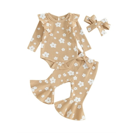 

Qtinghua Newborn Baby Girls Fall Waffle Clothes Flower Print Long Sleeve Romper Flare Pants Headband Outfits Caramel 0-3 Months