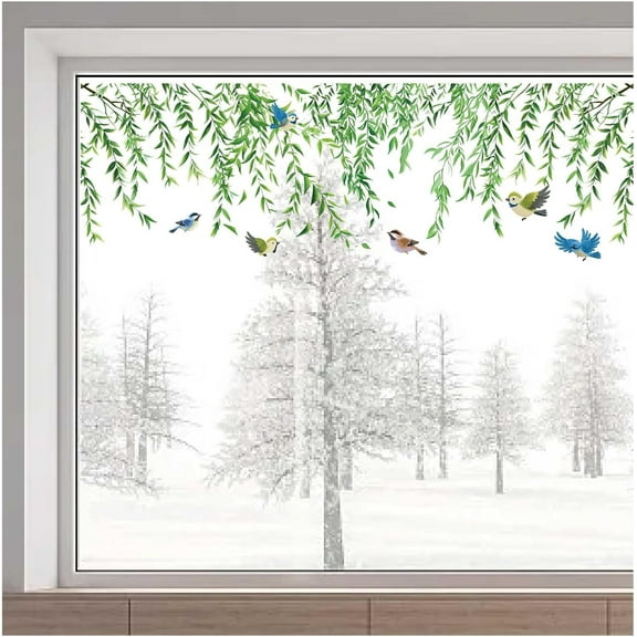 1pc 15 x 46 Inch Green Vine Window Clings Large Greenery Plants Botanical Hanging Vine Bird Glass Stickers Non Adhesive Reusable Static Vinyl Window Decal Decoration for Home Room Sliding Door DIY