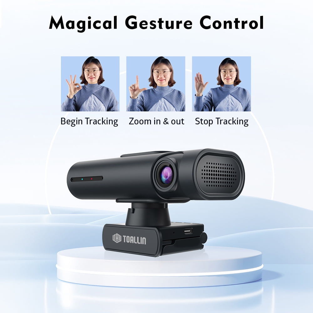 TOALLIN GC90 2K ai Tracking PTZ Webcam, Gesture Control & Dual Noise-Canceling Mics, 95° Wide-angle Lens, USB-A/C ,Plug & Play, Streaming Camera