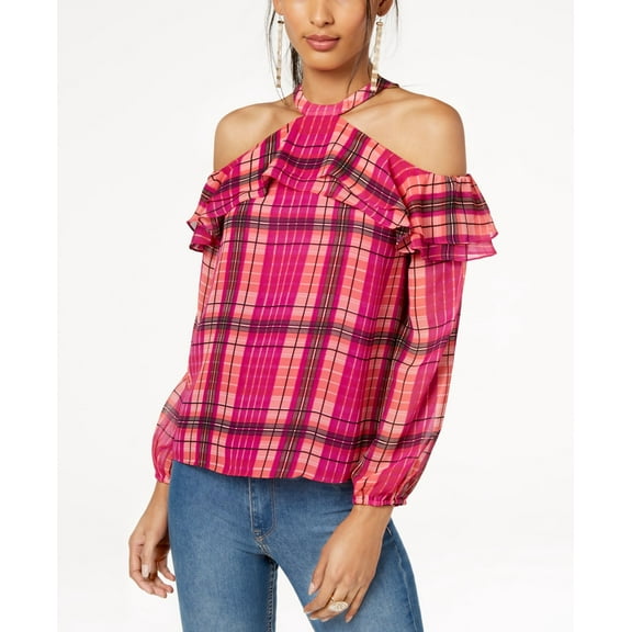 allbrand365 designer INC International Concepts Womens Ruffled Plaid Cold Shoulder Top,Pink,Medium