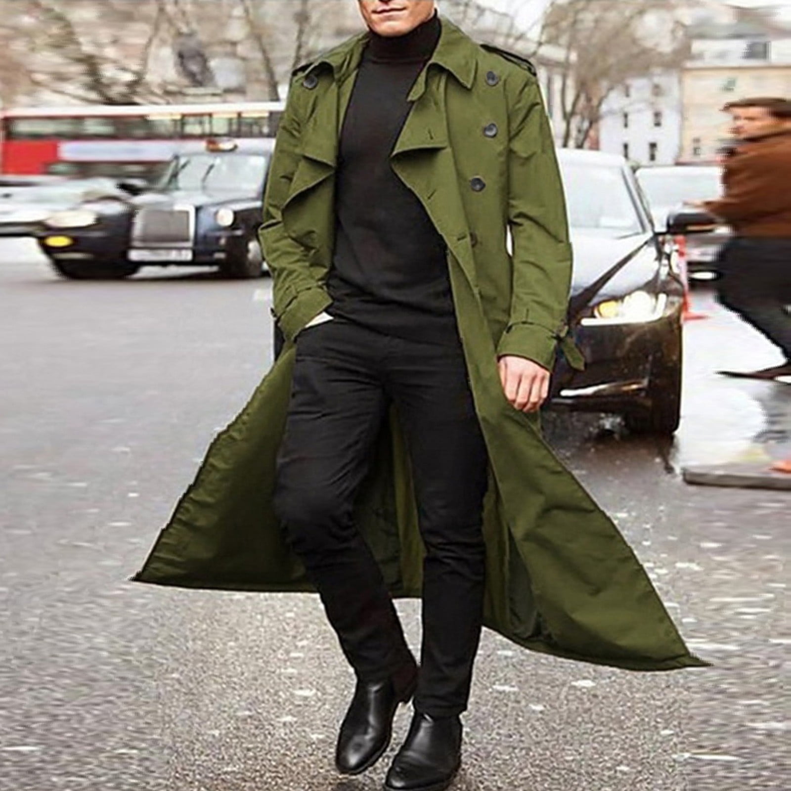 Mens Coats Outerwear Mens And Winter Long Trench Coat Double Breasted Coats Belt Loose Jacket Green M - Walmart.com