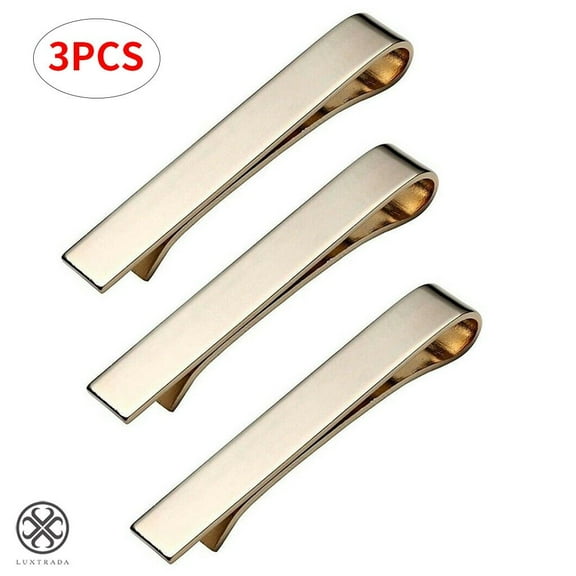 Luxtrada 3 Pc Set Mens 1.8 Inch Tie Bar Clip Pinch Clasp Skinny Ties (Gold)