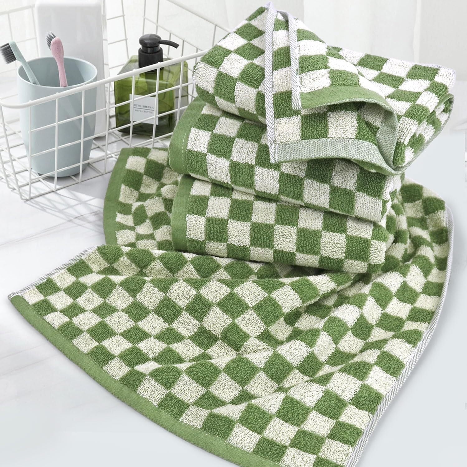 Hand Towels for Bathroom 4 Pack, Cotton Face Towels Soft Absorbent for Spa Bath Gym Kitchen, Hand Towel Set Decorative Checkered, 13 x 29 Inches, 4 Colors