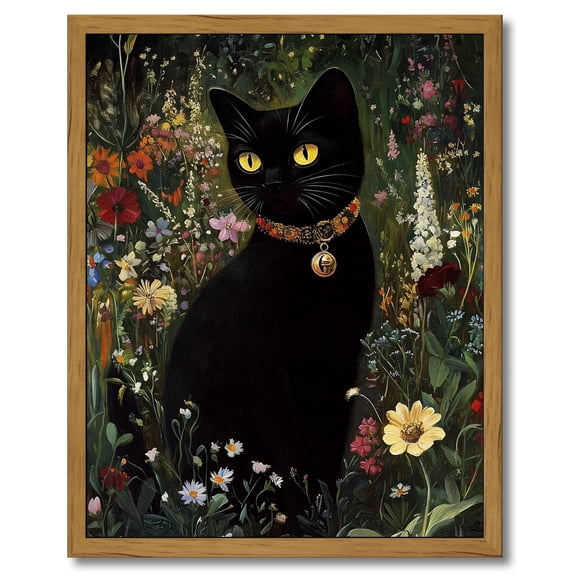 Drsoum Vintage Black Cat in Garden Wall Art Botanical Wildflowers Floral Oil Painting Canvas Print Flowers Halloween Dark Gothic Bedroom Cottagecore Bathroom Decor 8x10in Brown Framed