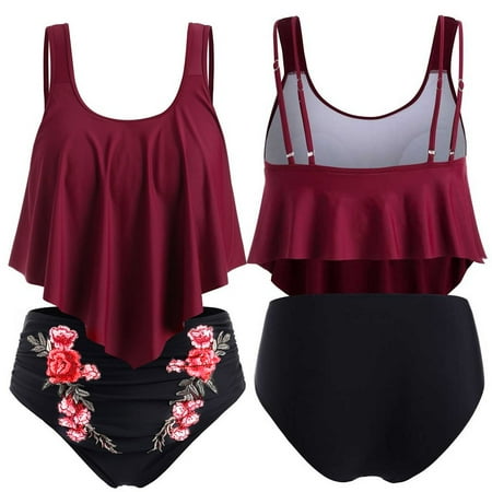

Finelylove Modest Swimsuits For Women Padded Sport Bra Style Bikini Red XXXL