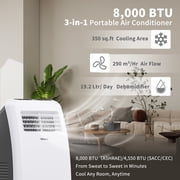 Shinco 8,000 BTU Grey Portable Air Conditioner - 3-in-1 Cool/Dehumidifier/Fan for Rooms Up to 350 sq.ft, Remote Control & 24H Timer, Compact AC Unit for Bedroom/Office