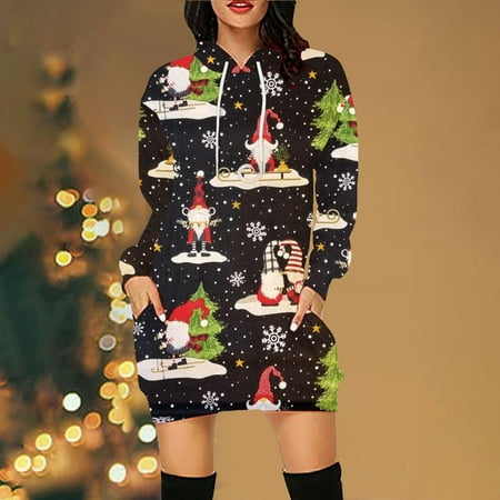 

jsaierl Sweatshirt Dress for Women Winter Long Sleeve Christmas Dresses Holiday Reindeer Print Hoodies Shirt Dress Fall Casual Dresses for Christmas Party