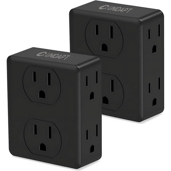 Multi Plug Outlet Splitter, Unidapt Multiple Outlet Extender Box with 6 Electrical Outlets, Wall Tap Power Plug Expander for Home Office Hotel Dorm Essentials, 2-Pack Black