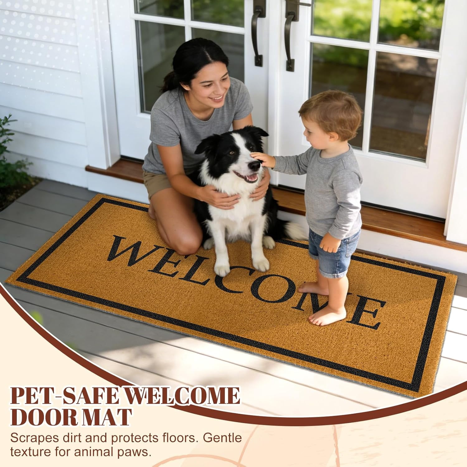 Welcome Long Doormat for Double Door Entrance, 24x59 Inch Heavy Duty Front Porch Rug with Non Slip PVC Backing, Extra Large Decorative Oversized Welcome Mat for Indoor Outdoor Entryway