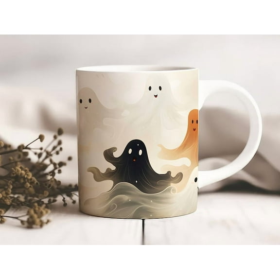 11oz Whimsical Dancing Ghosts Halloween Mug, Spooky Elegance in Neutral Tones, Halloween Fall Suprise Gift, Cute Cup, Ceramic Mug, Funny Mug, Halloween Gift