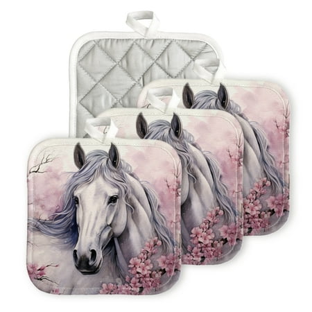 

BaHomeck Pot Holders 4pcs dacron Made Square heat-resisting mat Machine Washable for Kitchen Oven Hot Pads 6.7inch*6.7inch Beautiful Gray Horse Stands Among Pink Cherry Blossoms