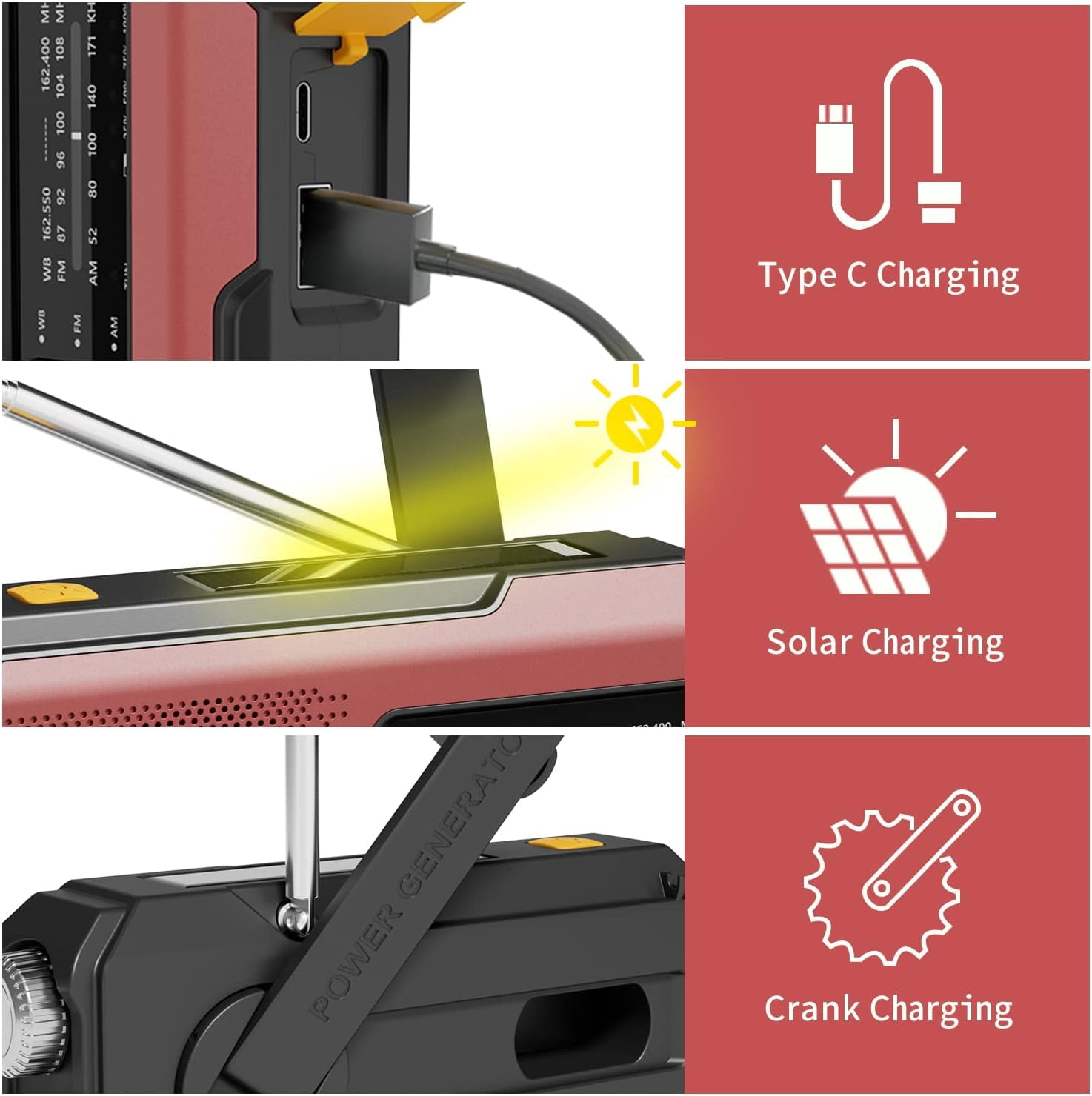 Newest Prociv Solar Emergency Wind Up Radio, Portable Hand Crank AM/FM Radio with SOS Alarm LED Torch, 2000mAh Rechargeable Power Bank USB Phone Charger Flashlight for Camping (Red)