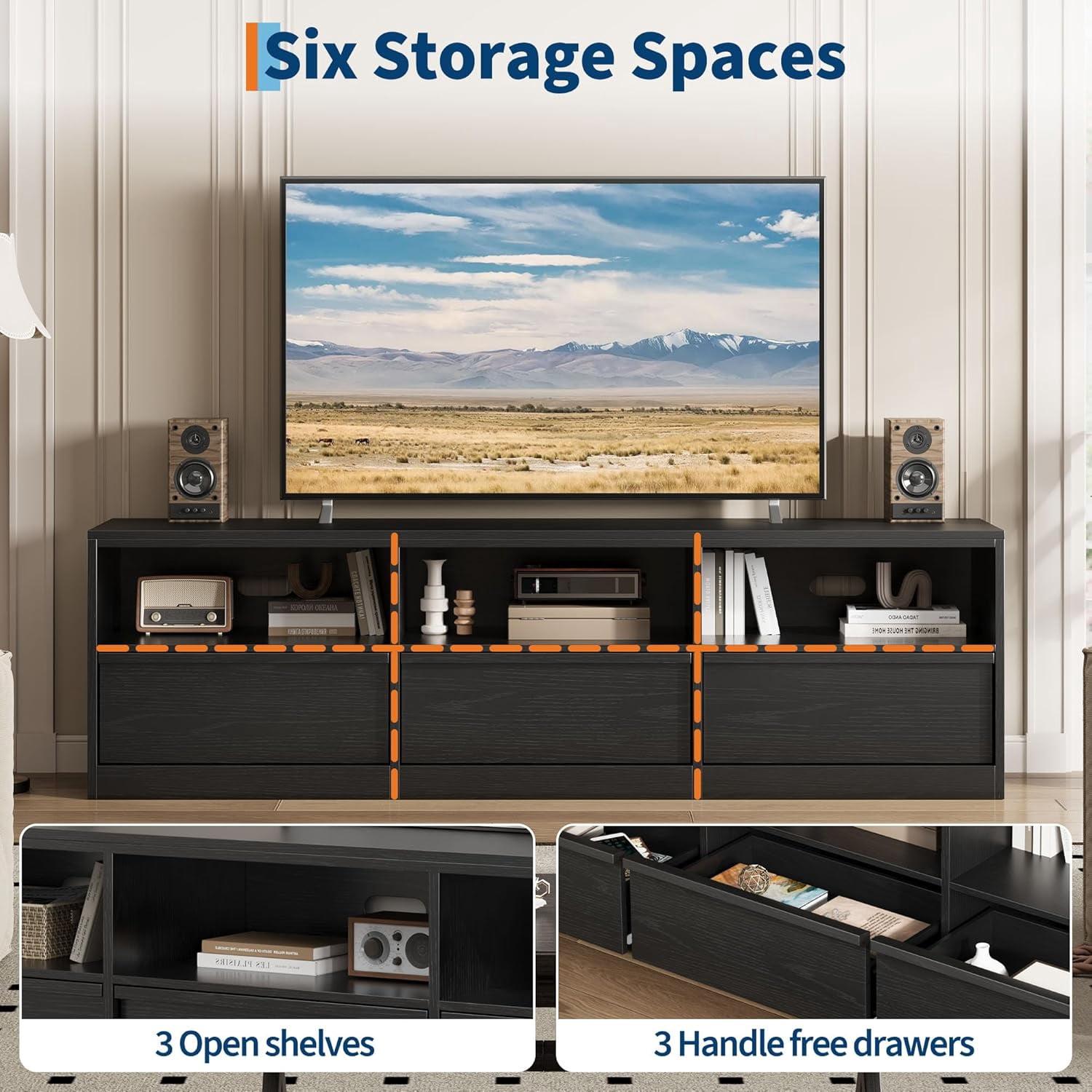 Garvee 70" TV Stand for TVs up to 85", Mid Century Modern Entertainment Center with Drawer, Open Shelves & Cable Management, Black