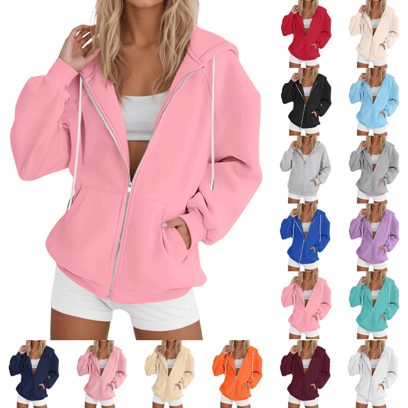 Zip up Hoodie Women Fall Fashion Y2K Lightweight Sport Jackets Long Sleeve Baggy Oversized Hooded Sweatshirts Light pink S